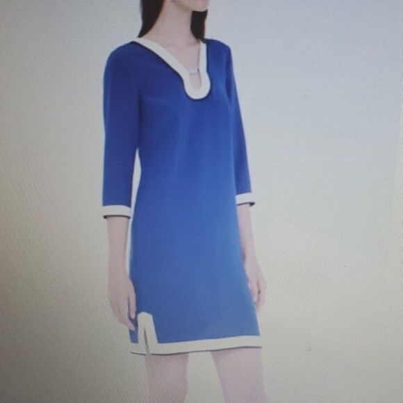 ANN TAYLOR SHIFT DRESS BLUE WHITE SIZE MEDIUM NAUTICAL PREPPY OFFICE WORK - Picture 1 of 12